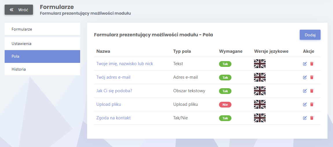 Tak wygląda lista pól formularza w panelu nowego ICEberg CMS 5 Tak wygląda lista pól formularza w panelu nowego ICEberg CMS 5